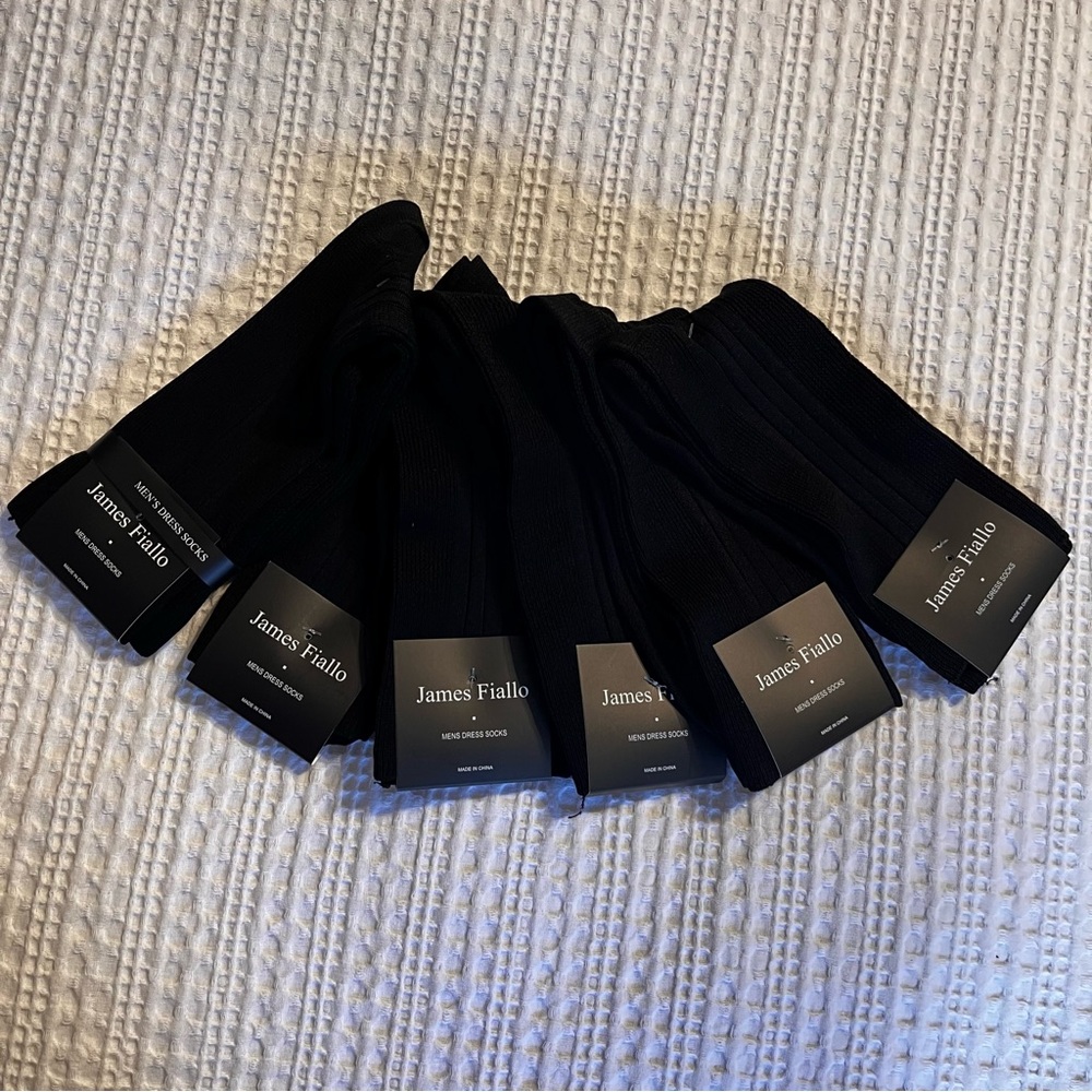 James Fiallo Men’s Dress Socks Ribbed Crew Size 10–13 New, Black, 6 Pairs